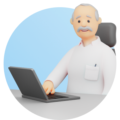 Illustration eines Arztes beim Ausstellen eines E-Rezepts. Vor ihm ein aufgeklappter Laptop.