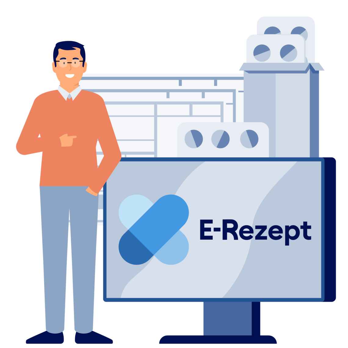 Illustration: Ein Mann mit orangenem Pullo steht neben einem Computer-Bildschirm, auf dem "E-Rezept" steht.